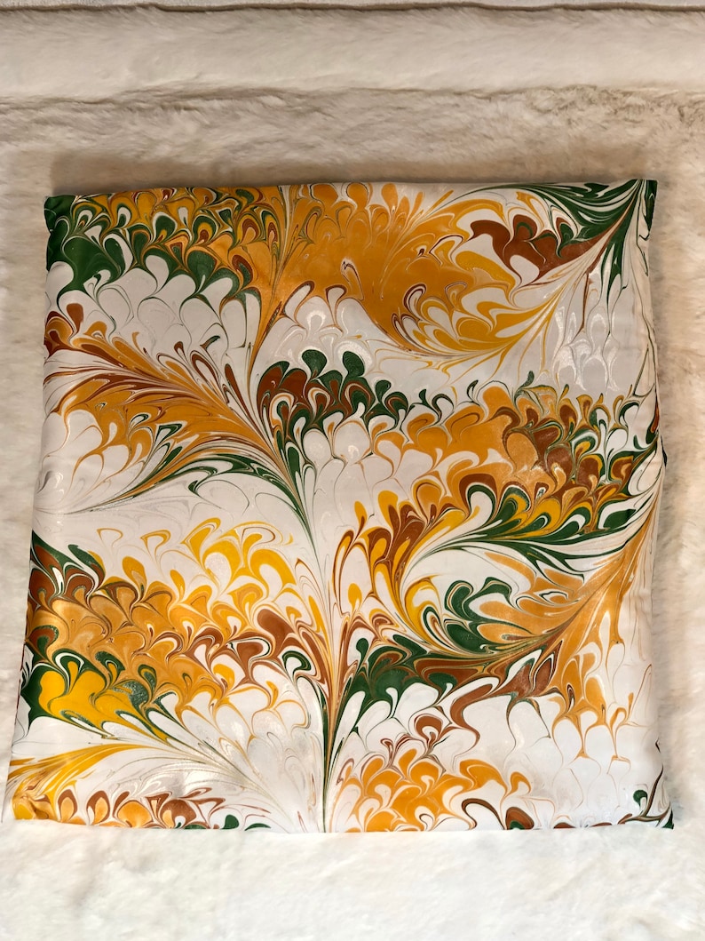 Gold Brown and Green Hand Painted Water Marbled Satin Throw Pillow Cover image 3