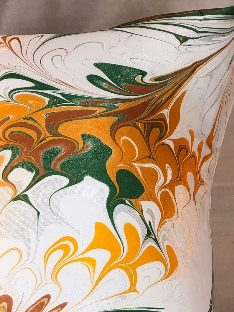 Gold Brown and Green Hand Painted Water Marbled Satin Throw Pillow Cover image 5