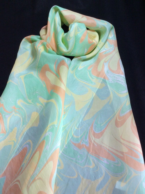 green and black in a stone pattern 100% silk crepe marbled with blue yellow Turquoise silk scarf white
