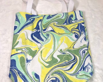 Denim Tote Bag with Cotton Web Handles Water Marbled Unique with Shades of Green, Blue and Yellow Swirls