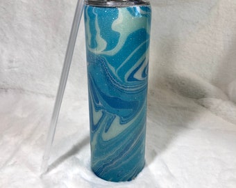 Shades of Blue Water Marbled Glitter 30 oz. Tumbler - Handcrafted Epoxy Coated Cup with Stunning Swirled Color