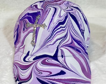Hand Painted Cap Water Marbled Baseball Hat With Cross Bling
