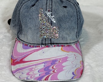 Denim Baseball Cap with Hand Hand Painted Water Marbled Accent and Bling