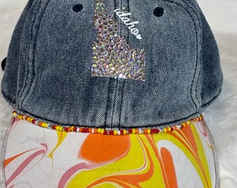 Denim Baseball Cap with Orange and Yellow Hand Hand Painted Water Marbled Accent, Beads and Bling