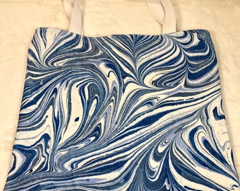 Denim Tote Bag with Cotton Web Handles Water Marbled Unique with Shades of Blue Swirls