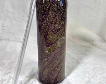 Purple and Gold Water Marbled Glittered 30 oz. Tumbler - Handcrafted Epoxy Coated Cup with Stunning Swirled Color