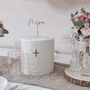 Caketopper zur Taufe für Torten, Tischdeko aus Acryl, Taufdeko nachhaltig & wiederverwendbar, Kuchenstecker zur Kommunion, Kreuz Geschenk