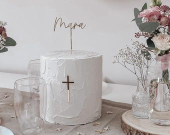 Caketopper zur Taufe für Torten, Tischdeko aus Acryl, Taufdeko nachhaltig & wiederverwendbar, Kuchenstecker zur Kommunion, Kreuz Geschenk