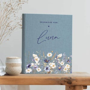 Personlig linnemapp med blommönster, DIN A4-storlek, certifikatmapp med namn, minnesmapp för foton, certifikat och konstverk, presentidé