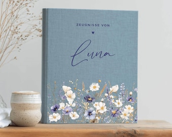 Personalisierter Leinenordner Blumen DIN A4, Zeugnismappe mit Name, Erinnerungsordner für Fotos, Urkunden & Kunstwerke, Geschenkidee