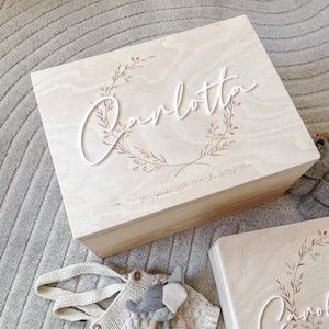Caja de recuerdos para bebé personalizada con nombre acrílico 3D – caja de madera con grabado – regalo para nacimiento, bautizo, boda, caja de recuerdos para bebé