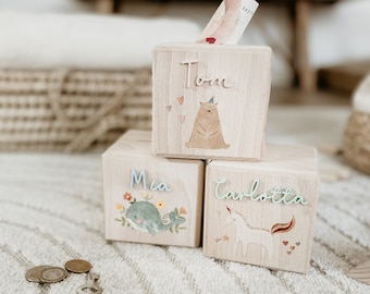 Tirelire en bois personnalisée, tirelire pour enfant, cadeau de naissance, cadeau de baptême, style bohème