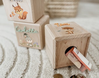 Personalized wooden money box, forest animals, personalized piggy bank, children's money box, baby gift, wooden money box, christening money gift