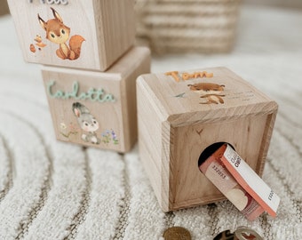 Personalisierte Spardose Holz, WALDTIERE, Sparschwein personalisiert, Spardose Kind, Baby Geschenk Geburt, Holzspardose, Geldgeschenk Taufe