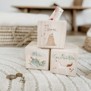 Personalisierte Spardose Holz, Sparschwein personalisiert, Spardose Kind, Baby Geschenk Geburt, Holzspardose, Geldgeschenk zur Taufe, BOHO