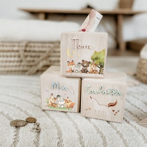 Alcancía de madera personalizada, FAMILIA DE ANIMALES DEL BOSQUE, alcancía, alcancía para niños, regalo de nacimiento de bebé, alcancía de madera, bautismo de regalo de dinero