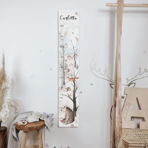 Barra de medición bosque escandinavo infantil - barra de medición de madera, habitación de los niños, barra de medición para niños de animales del bosque, decoración de pared