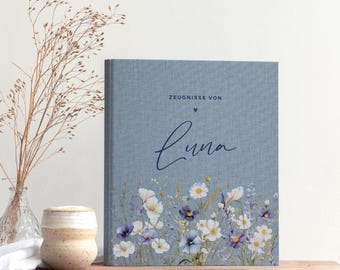 Carpeta de lino personalizada con diseño floral, tamaño DIN A4, carpeta para certificados con nombre, carpeta de recuerdos para fotos, certificados y obras de arte, idea para regalo