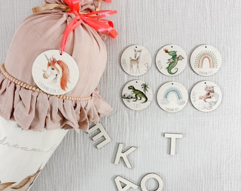 Schultüten Anhänger Namensschild Holzschild Motive personalisiert Regenbogen Rehkitz Drachen Dino Ballerina Fee Meerjungfrau