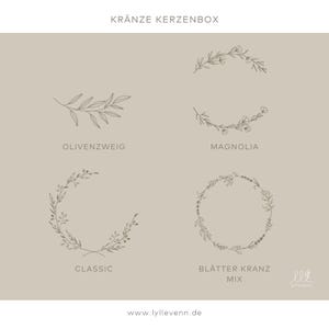 Puede incluir: Cinco dise&ntilde;os de coronas diferentes para velas, incluyendo rama de olivo, magnolia, cl&aacute;sica y dos coronas de hojas. El texto "Kr&auml;nze Kerzenbox" est&aacute; en la parte superior de la imagen.