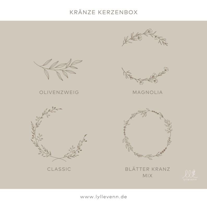 Puede incluir: Cinco dise&ntilde;os de coronas diferentes para velas, incluyendo rama de olivo, magnolia, cl&aacute;sica y dos coronas de hojas. El texto "Kr&auml;nze Kerzenbox" est&aacute; en la parte superior de la imagen.