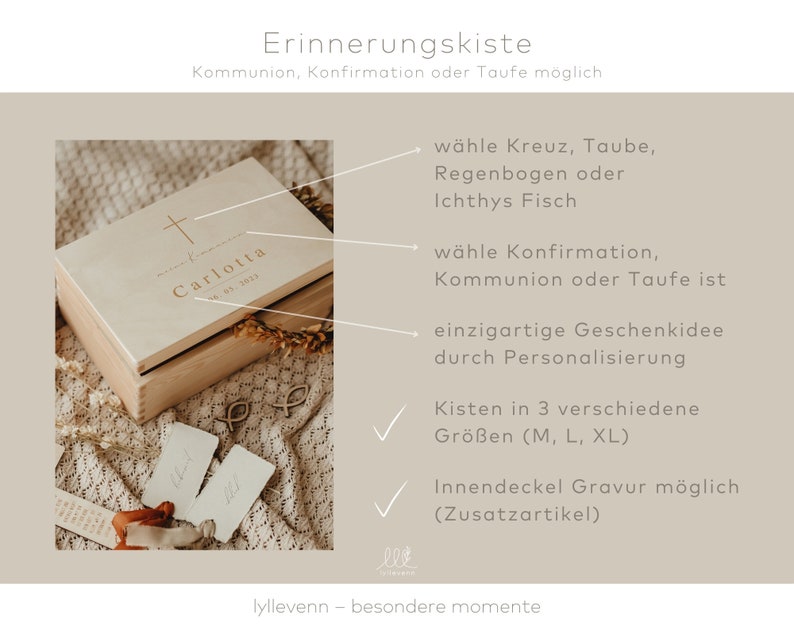 Kommunion Geschenk, Erinnerungskiste Taufe, Kommunion Erinnerungskiste personalisiert Holzkiste Kommunion Konfirmation, Ichthys Fisch zdjęcie 3