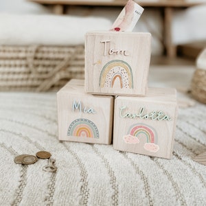 Personalisierte Spardose Holz, Sparschwein personalisiert, Spardose Kind, Baby Geschenk Geburt, Holzspardose, Geschenk zur Taufe, REGENBOGEN