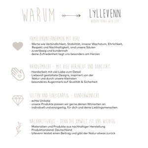 K&ouml;nnte beinhalten: Eine Grafik mit dem Text "WARUM" und einem Pfeil, der nach rechts zeigt. Der Text "LYLLEVENN - WOODEN THINGS WITH LOVE -" befindet sich rechts neben dem Pfeil. Die Grafik listet Gr&uuml;nde auf, warum das Unternehmen einzigartig ist, darunter familiengef&uuml;hrt, handgefertigt mit Liebe und nachhaltig.