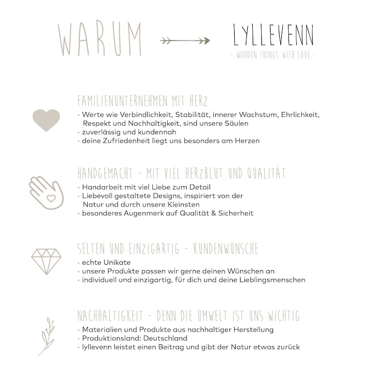 Puede incluir: Un gr&aacute;fico con el texto "WARUM" y una flecha apuntando hacia la derecha, seguido del texto "LYLLEVENN - WOODEN THINGS WITH LOVE -" y una lista de razones por las que la empresa es &uacute;nica. Las razones incluyen: Empresa familiar con coraz&oacute;n, hecho a mano con amor y calidad, raro y &uacute;nico, y sostenible.