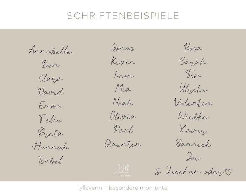 Puede incluir: Una lista de nombres escritos en letra cursiva, incluyendo Annabelle, Ben, Clara, David, Emma, Felix, Greta, Hannah, Isabel, Jonas, Kevin, Leon, Mia, Noah, Olivia, Paul, Quentin, Rosa, Sarah, Sim, Ulrike, Valentin, Wiebke, Xaver, Yannick y Zoe. El texto "SCHRIFTENBEISPIELE" est&aacute; en la parte superior de la imagen, y el texto "& Zeichen oder ♡" est&aacute; en la parte inferior de la imagen.