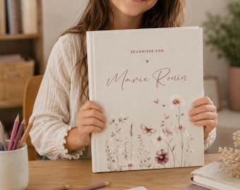 Gepersonaliseerde linnen map met bloemenmotief, DIN A4-formaat, certificaatmap met naam, herinneringsmap voor foto's, certificaten en kunstwerken, cadeau-idee