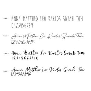 May include: Four different handwriting styles of the names Anna, Mattheo, Leo, Karlos, Sarah, and Tom, along with the numbers 0-10.