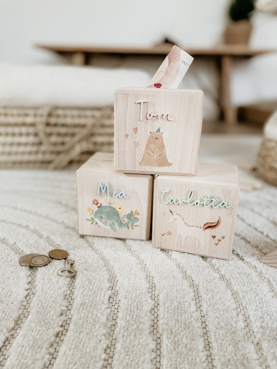 Personalisierte Spardose Holz, Sparschwein personalisiert, Spardose Kind, Baby Geschenk Geburt, Holzspardose, Geldgeschenk zur Taufe, BOHO