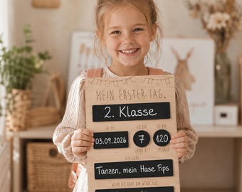 May include: A rectangular wooden milestone board with black chalkboard inserts featuring the German text 'MEIN ERSTER TAG', '2. Klasse', '03.09.2026', '7', '120', 'Tanzen, mein Hase Fips', and 'Tierärztin' with engraved bunting and labels.