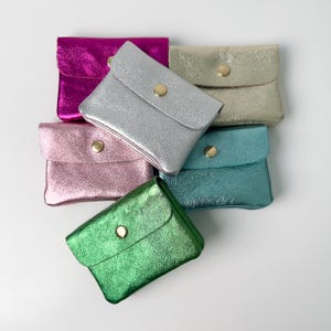 Può includere: Una collezione di sei piccole pochette rettangolari con finiture metalliche nei colori magenta, argento, oro, rosa, verde acqua e verde. Ogni pochette presenta una chiusura a patta fissata con un bottone a pressione in metallo dorato.