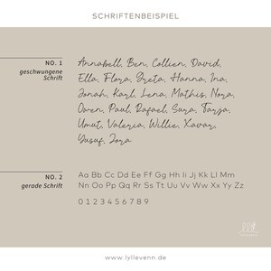 Puede incluir: Un fondo beige con texto negro. El texto dice "SCHRIFTENBEISPIEL" en la parte superior. Debajo de eso, el texto dice "NO. 1" y "geschwungene Schrift" seguido de una lista de nombres en cursiva. Debajo de eso, el texto dice "NO. 2" y "gerade Schrift" seguido del alfabeto en min&uacute;sculas y los n&uacute;meros del 0 al 9.