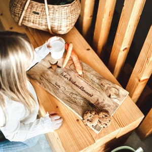May include: A wooden cutting board with a star shape and the text "For you, dear Christmas elf!" in red. The board is decorated with drawings of carrots, milk, cookies, and vanilla.