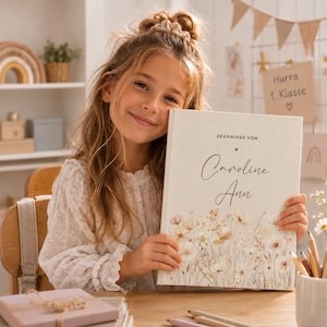 Può includere: Un libro con copertina rigida color crema caratterizzato da un'illustrazione floreale ad acquerello nella parte inferiore e dal testo "ZEUGNISSE VON" sopra il nome "Caroline Ann" in carattere corsivo, tenuto in verticale per mostrare la copertina.