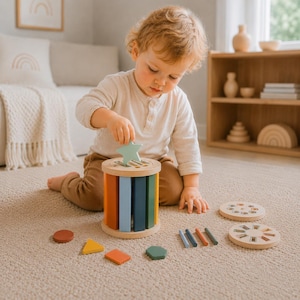Può includere: Un gioco in legno per classificare le forme con una base cilindrica dotata di fessure verticali, blocchi rettangolari colorati e varie forme geometriche tra cui una stella, un triangolo, un cerchio e un esagono. Due dischi sono posati accanto.