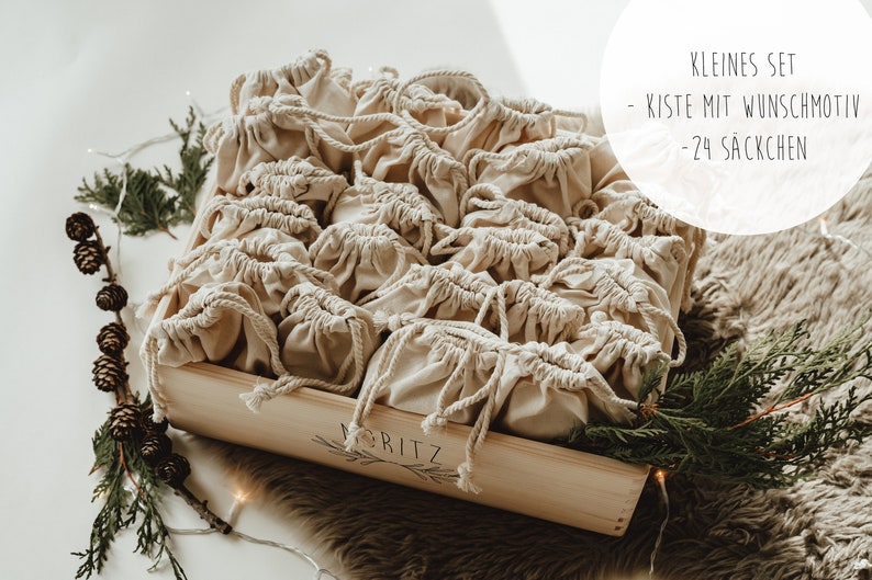 Personalisierte Adventskiste Weihnachtskugeln, Adventskalender zum Befüllen, Adventskalender für Kinder Weihnachten, Holzkiste KRÄNZE Mistel + kl. Set