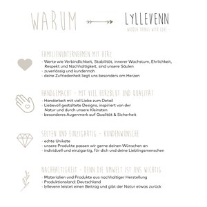 May include: A graphic with the text "WARUM" and an arrow pointing to the right, followed by the text "LYLLEVENN - WOODEN THINGS WITH LOVE -" and a list of reasons why the company is unique. The reasons include: "Family business with heart", "Handmade with love and quality", "Rare and unique - customer wishes", and "Sustainability - because the environment is important to us".