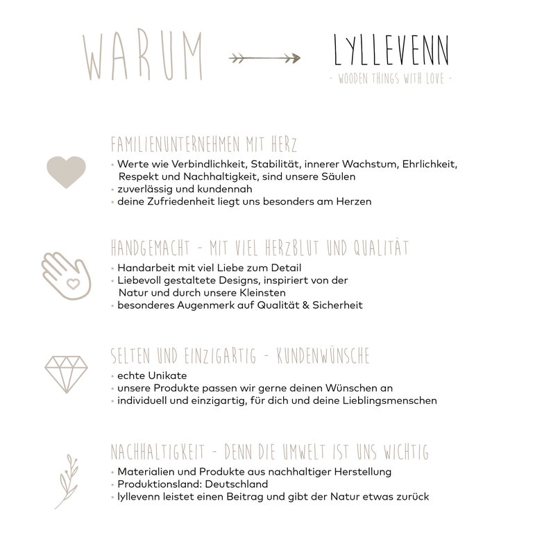 May include: A graphic with the text "WARUM" and an arrow pointing to the right, followed by the text "LYLLEVENN - WOODEN THINGS WITH LOVE -" and a list of reasons why the company is unique. The reasons include: "Family business with heart", "Handmade with love and quality", "Rare and unique - customer wishes", and "Sustainability - because the environment is important to us".