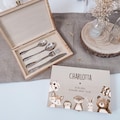 Personalized children's cutlery with woodland animals, christening gift, hello woodland, children's tableware, child's cutlery set, birth gift, wooden box