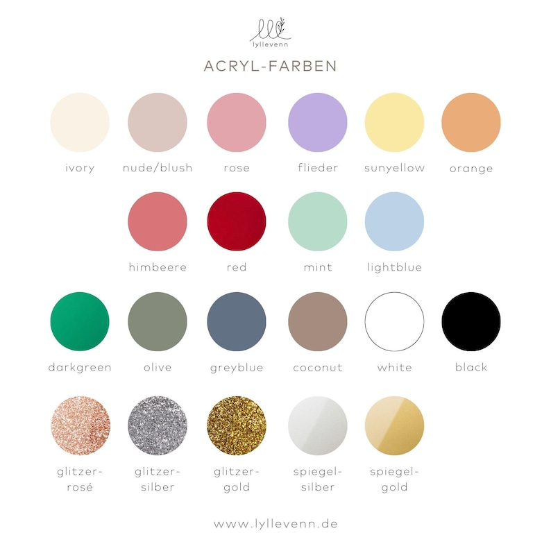 K&ouml;nnte beinhalten: Eine Farbkarte mit 18 verschiedenen Acrylfarben, darunter Elfenbein, Nude/Blush, Rose, Flieder, Sonnengelb, Orange, Himbeere, Rot, Minze, Hellblau, Dunkelgr&uuml;n, Oliv, Grau-Blau, Kokosnuss, Wei&szlig;, Schwarz, Glitzer-Rosa, Glitzer-Silber, Glitzer-Gold, Spiegel-Silber und Spiegel-Gold. Die Karte enth&auml;lt auch den Text "ACRYL-FARBEN" und "www.lyllevenn.de".