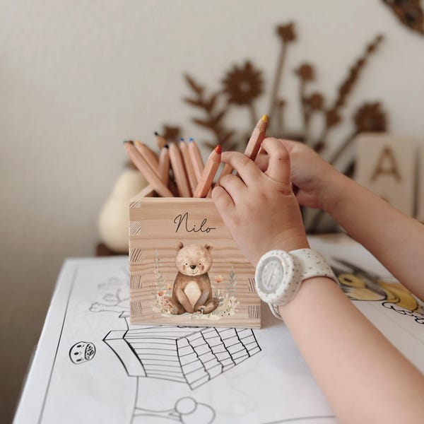 Woodland Animals and Flowers Pencil Holder, Personalized Gift, Back to School Gift, Pencil Box for Desk, Woodland