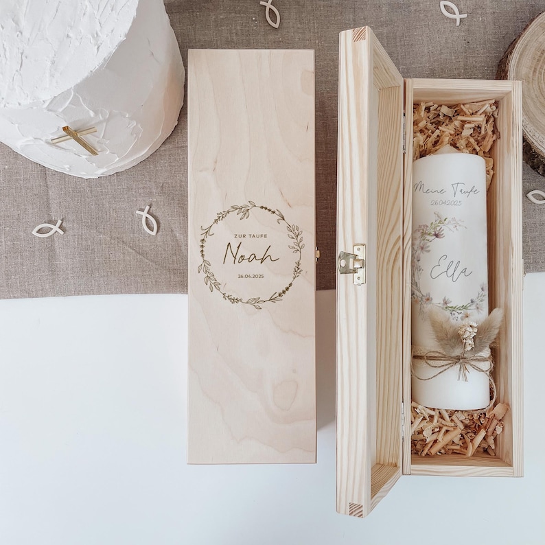 Caja de madera personalizada para velas de bautizo, caja de regalo con grabado, ideal como caja para velas, regalo para bautizo, confirmación, comunión o cápsula del tiempo. Kranz Blätter Mix
