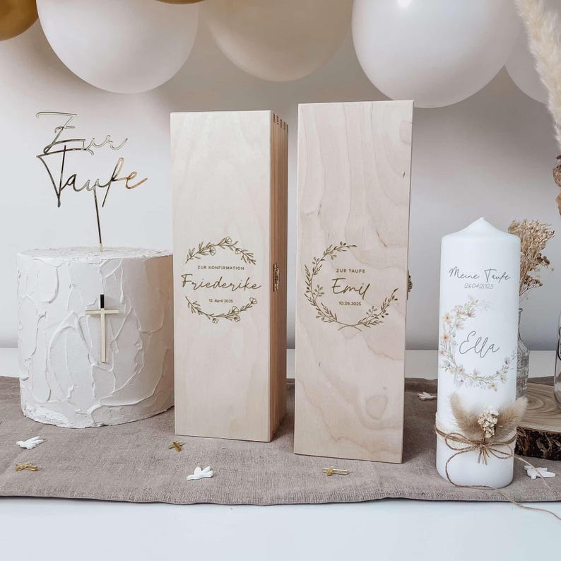 Caja de madera personalizada para velas de bautizo, caja de regalo con grabado, ideal como caja para velas, regalo para bautizo, confirmación, comunión o cápsula del tiempo. imagen 2
