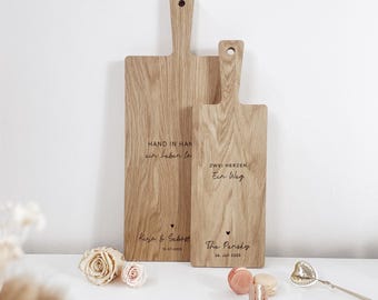 Gepersonaliseerde snijplank voor bruiloften, eikenhout met gravure, huwelijksgeschenk, houten jubileumplank, cadeau voor het bruidspaar, spreuken