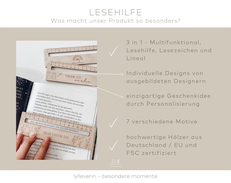 K&ouml;nnte beinhalten: Ein Holzlineal mit floralem Design und dem Text "Endlich Schulkind 2023". Das Lineal ist ein multifunktionales Werkzeug, das als Lesezeichen, Lineal und Lesehilfe verwendet werden kann. Es ist aus hochwertigem Holz aus Deutschland und der EU hergestellt und FSC-zertifiziert.