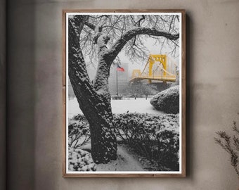 Snowy Tree Frames The Clemente Bridge and American Flag in Pittsburgh - Black & Gold